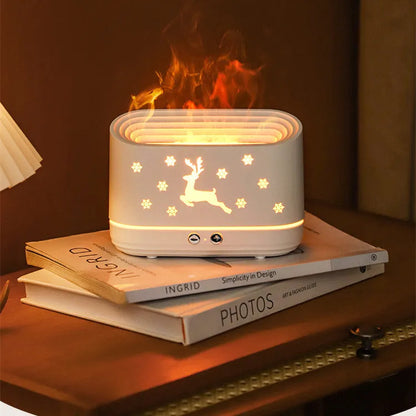 White flame humidifier diffuser with Christmas pattern, USB powered, two fog outlets and flame light effect