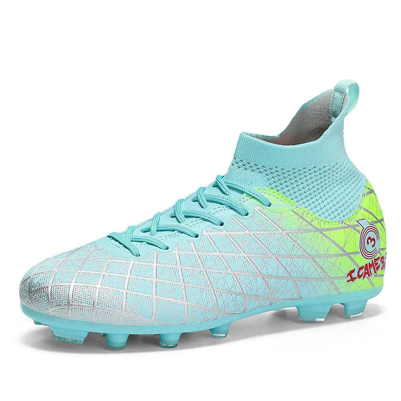 Pair of football boots with rubber studded sole, tall crown upper and front laces, for natural lawn and artificial grass