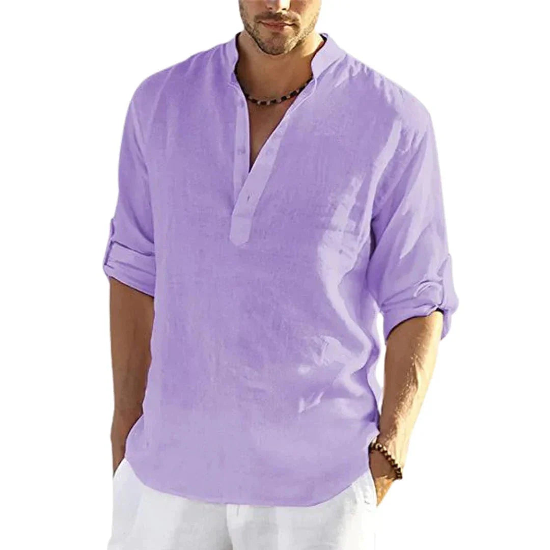 Premium cotton-linen casual shirt with stand collar, long sleeves, and button-down closure
