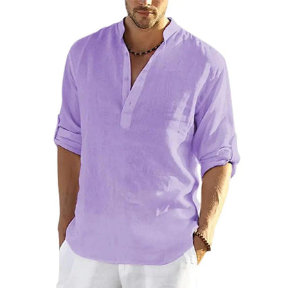 Premium cotton-linen casual shirt with stand collar, long sleeves, and button-down closure