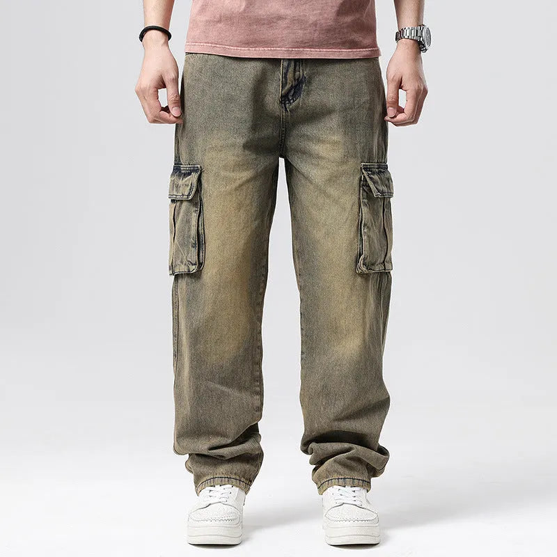 Men's loose-fit hip hop trousers with multi-pocket design in retro denim