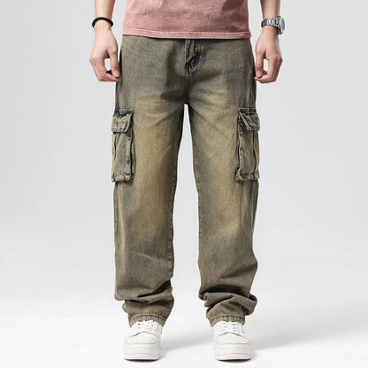 Men's loose-fit hip hop trousers with multi-pocket design in retro denim