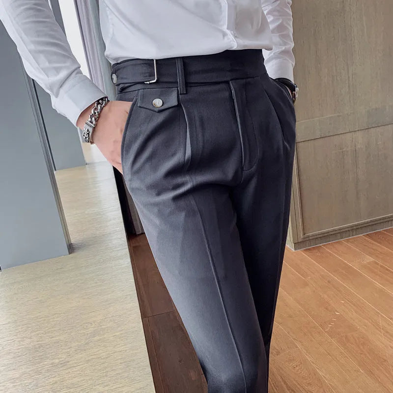 Straight-leg casual trousers in solid khaki colour on a hanger, showing the classic fit.