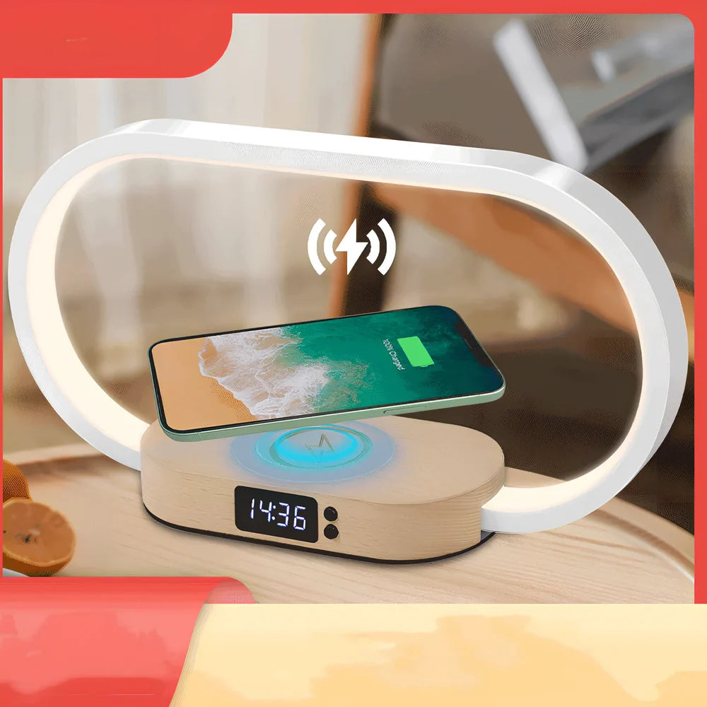 Wooden clock bedside table lamp with touch dimming control and USB power supply in wood grain finish