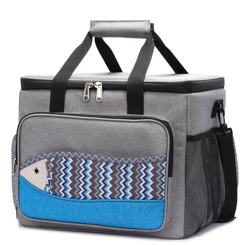 Fish pattern insulated cooler bag in various colors, perfect for outdoor picnics and lunches