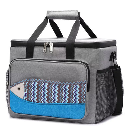 Fish pattern insulated cooler bag in various colors, perfect for outdoor picnics and lunches