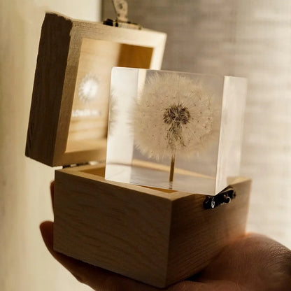 Clear 5cm resin cube with preserved dandelion flower inside, displayed with wooden box and USB charging base