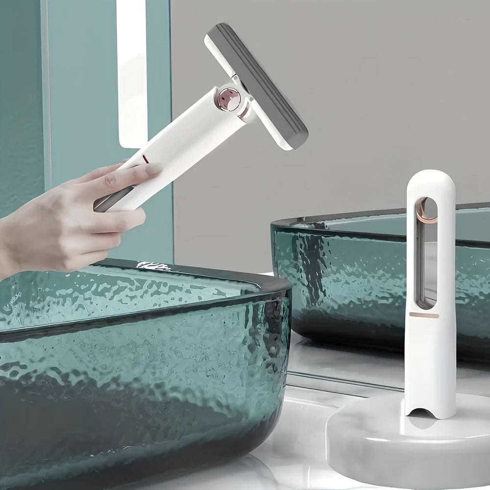 Portable self-squeeze mini mop showing 180-degree fold mechanism and compact design