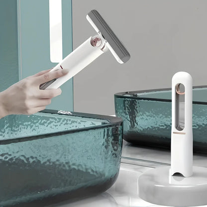 Portable self-squeeze mini mop showing 180-degree fold mechanism and compact design