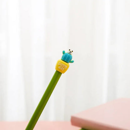 Potted cactus gel pen with silicone pot base, 0.5mm refill, approximately 18.5cm long, shown in Blue or Green.