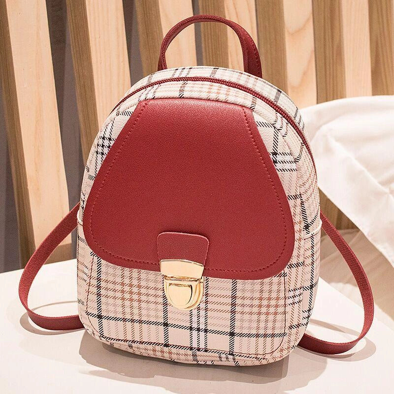 Trendy plaid small backpack for women with zipper, available in multiple colors