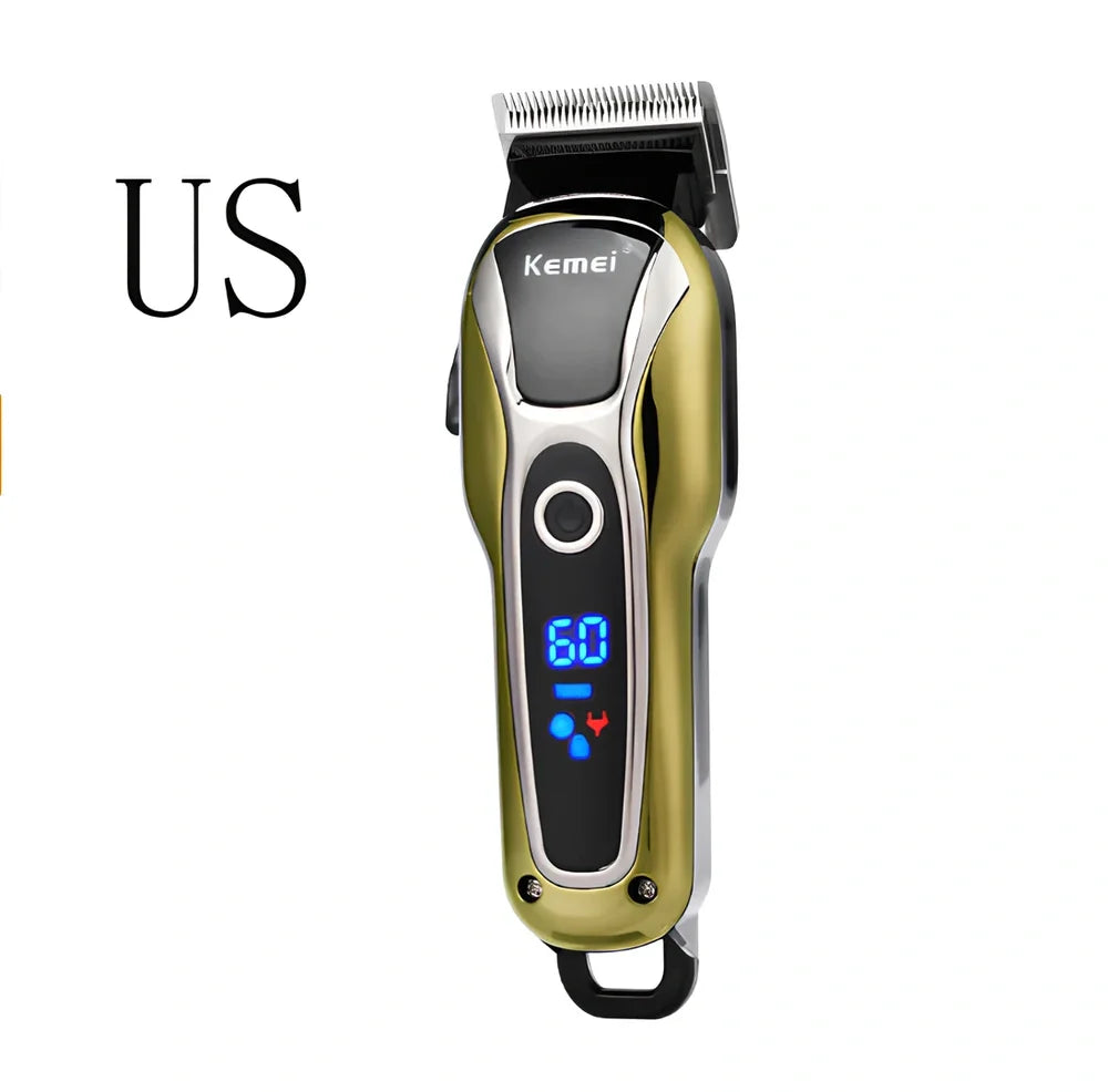 Professional hair clipper with four guide combs, cleaning brush, and power adapter on white background