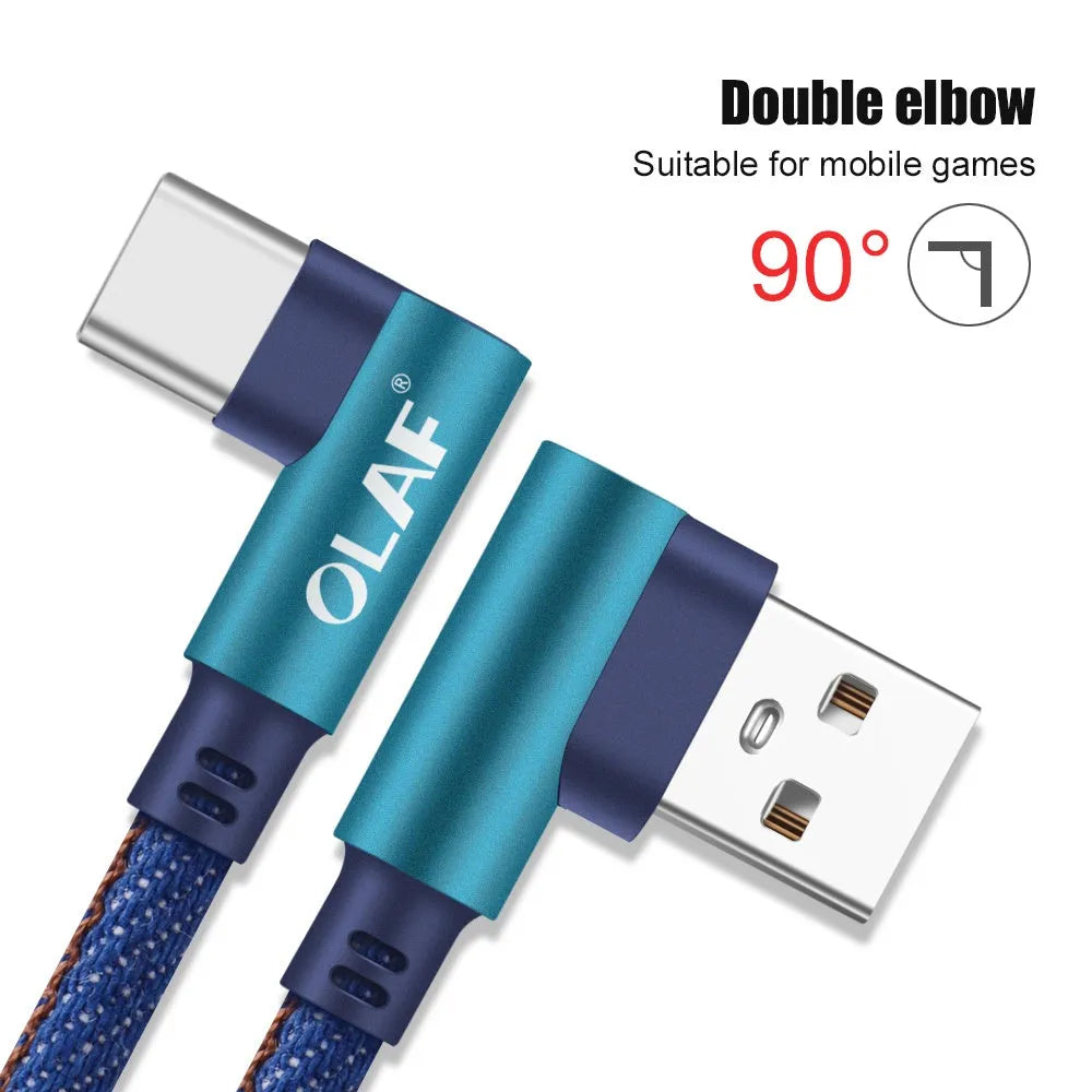 USB fast charging cable with a denim fabric exterior and aluminium connectors, shown in multiple colour options.