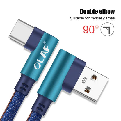 USB fast charging cable with a denim fabric exterior and aluminium connectors, shown in multiple colour options.
