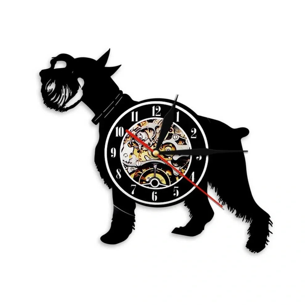30cm vinyl record wall clock with dog breed designs, silent quartz movement, and pre-installed hook
