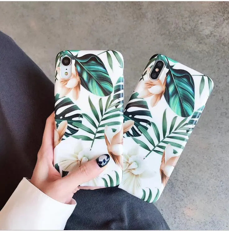 Flowers Banana Leaf Art Phone Case For iPhone - Retro Soft Floral TPU Back Cover Compatible With iPhone XS Max XR 6S 6 7 8 Plus X In Leaves Floral Design
