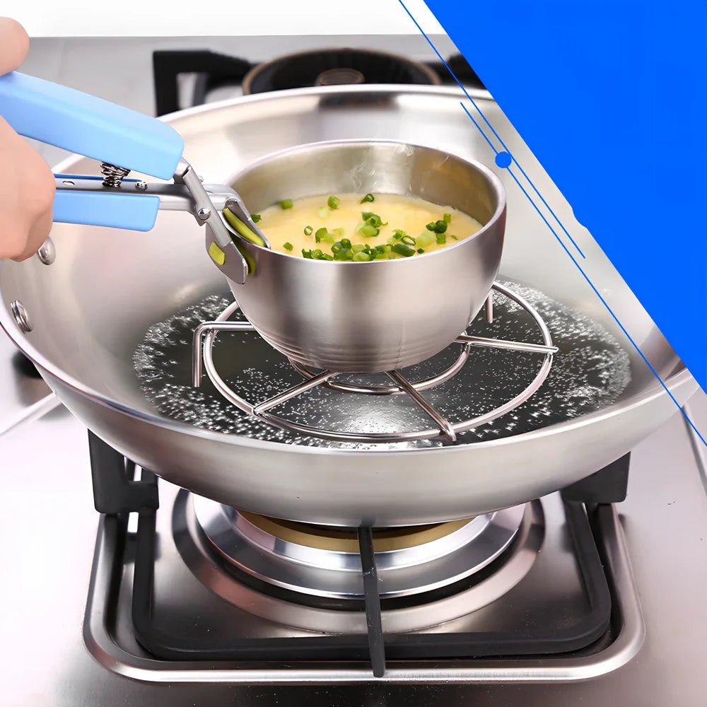 Stainless steel tray holder gripping baking tray with non-slip chuck mechanism and widened handle