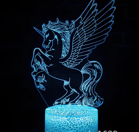 3D unicorn night light with LED illumination on 23cm black ABS base, showing touch controls and USB cable