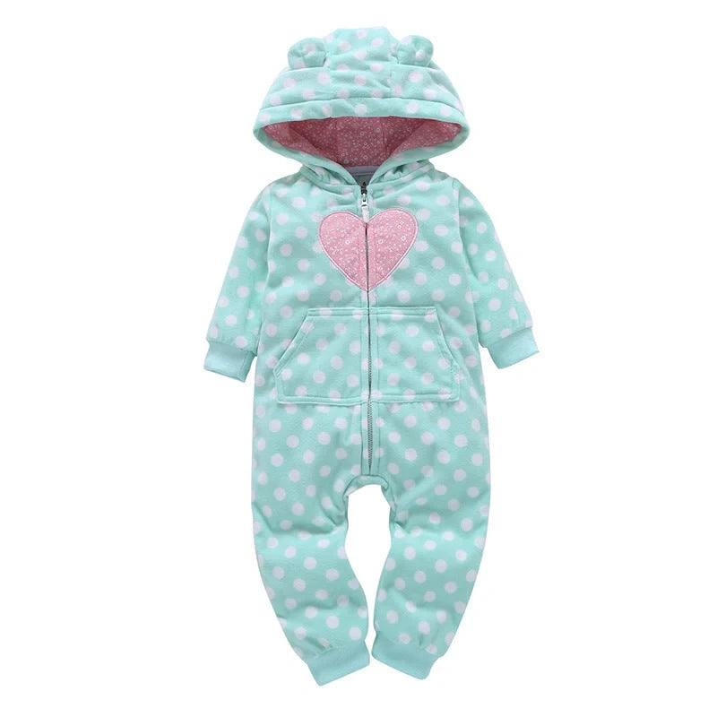 Hooded fleece baby romper in rose red, grey, green, and pink colors with zipper closure