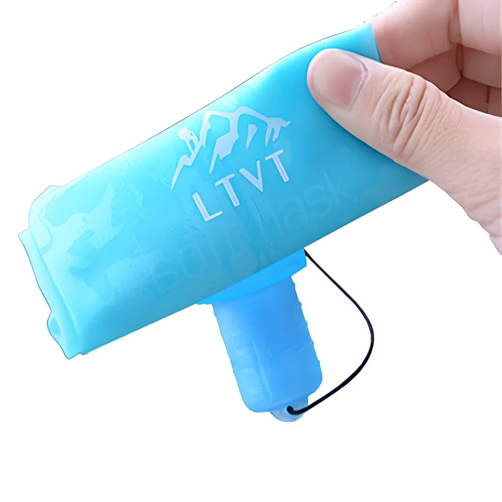 Sky blue folding TPU sports water bottle, 500ml capacity, leak-proof cap, collapsed view for portability