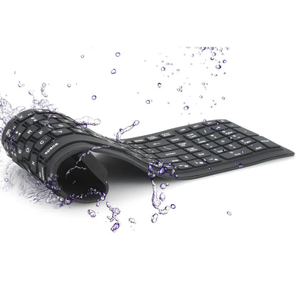 Black foldable silicone Bluetooth keyboard showing compact 105mm folded width and full 108-key layout
