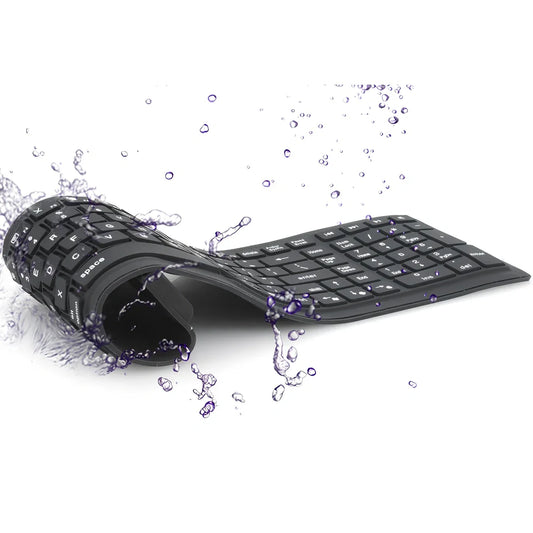 Black foldable silicone Bluetooth keyboard showing compact 105mm folded width and full 108-key layout