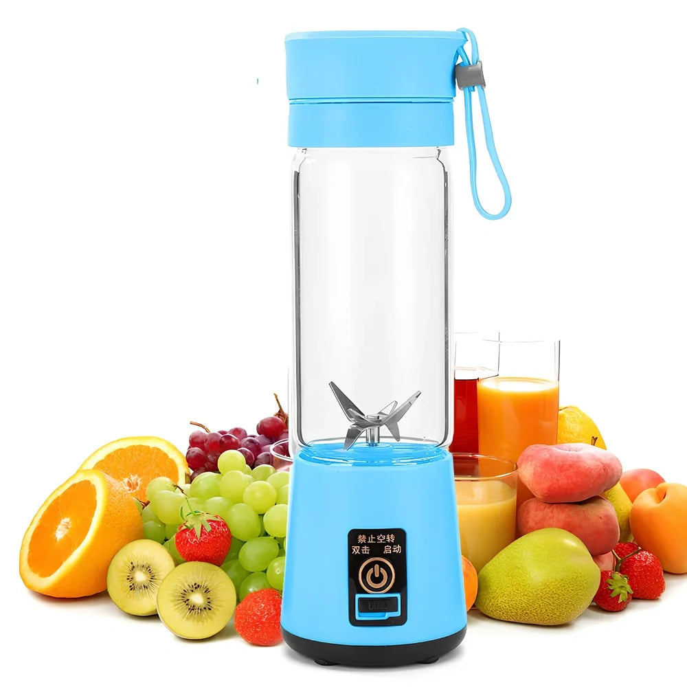 Portable blender with 400ml transparent cup, USB charging port, and 6 stainless steel blades