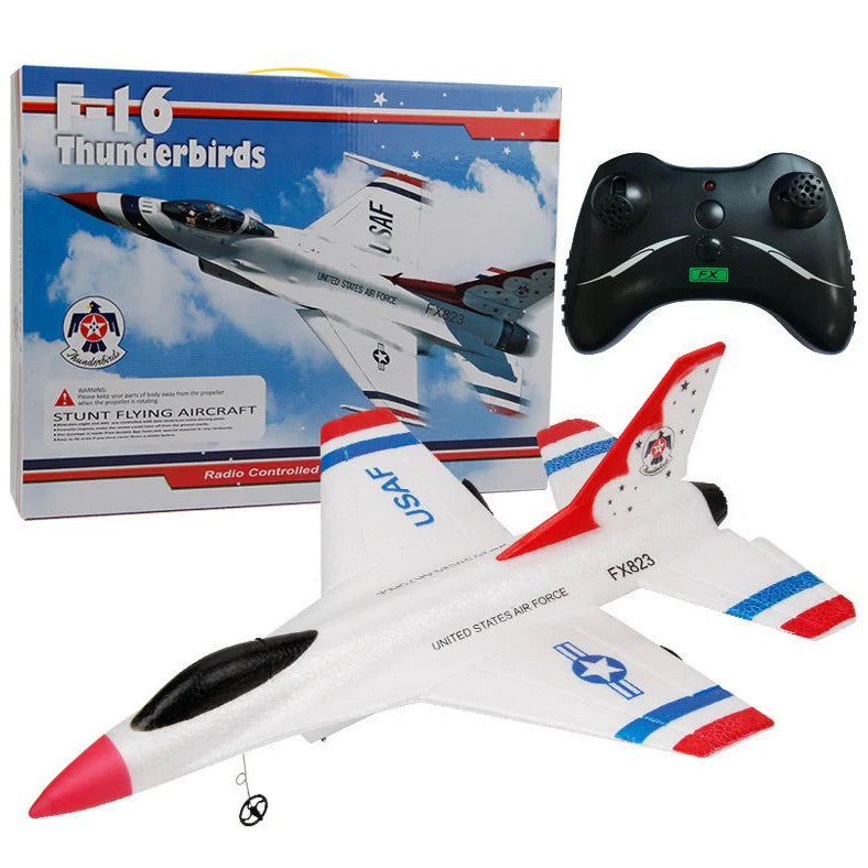 Blue fixed-wing educational toy aeroplane with 390mm length demonstrating flight with remote control
