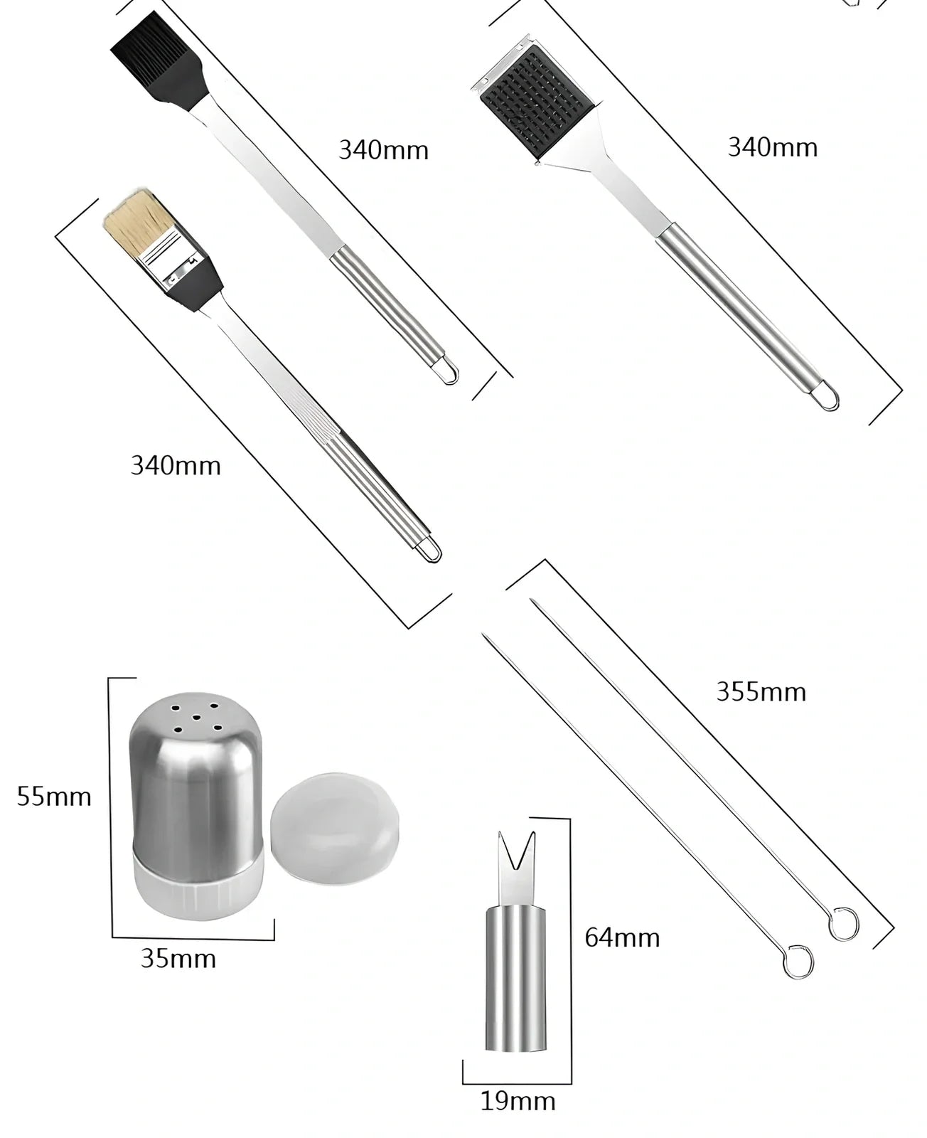 10-piece stainless steel BBQ tool set with shovel, knife, clip, strings, fork, brush in storage bag