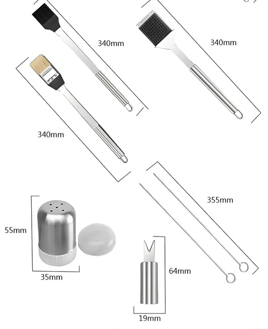 10-piece stainless steel BBQ tool set with shovel, knife, clip, strings, fork, brush in storage bag