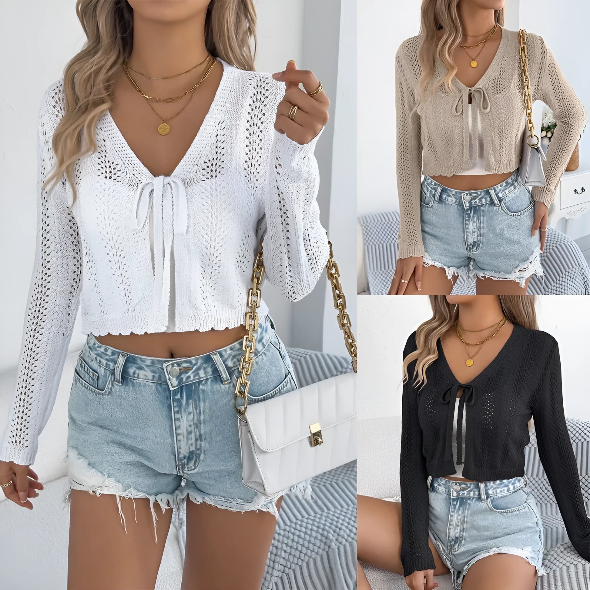 Women's khaki lace-up casual coat with hollow-out detail and short length.