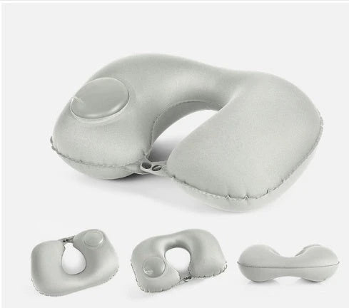 Inflatable U-shaped travel pillow with built-in air valve for customizable comfort and neck support during flights and car travel