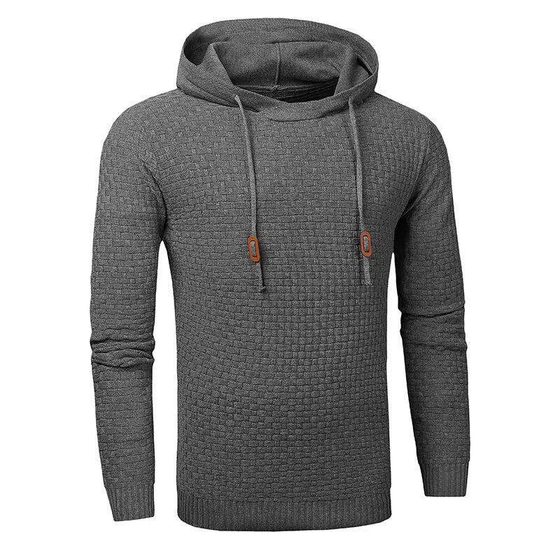 Man wearing a cotton-polyester blend hooded sweatshirt in grey, showing the front design and hood.