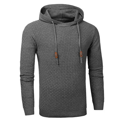 Man wearing a cotton-polyester blend hooded sweatshirt in grey, showing the front design and hood.