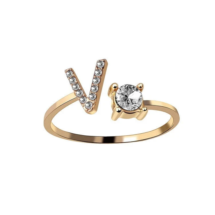 Personalized Initial Letter Adjustable Ring made of copper alloy and zircon, showcasing a vintage-inspired design