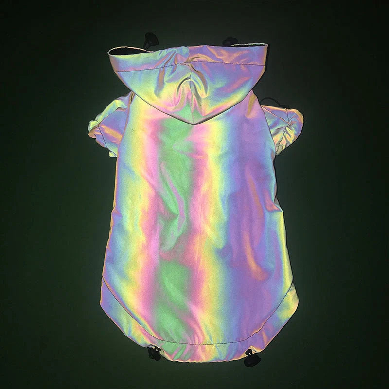 Black reflective dog hoodie with color-changing feature for nighttime visibility