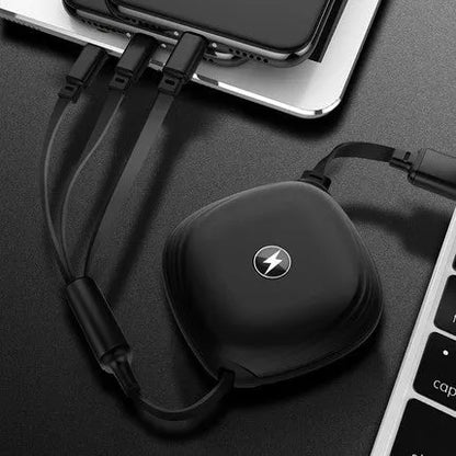 Black telescopic 3-in-1 charging cable extended to 120cm with three connector ends visible.
