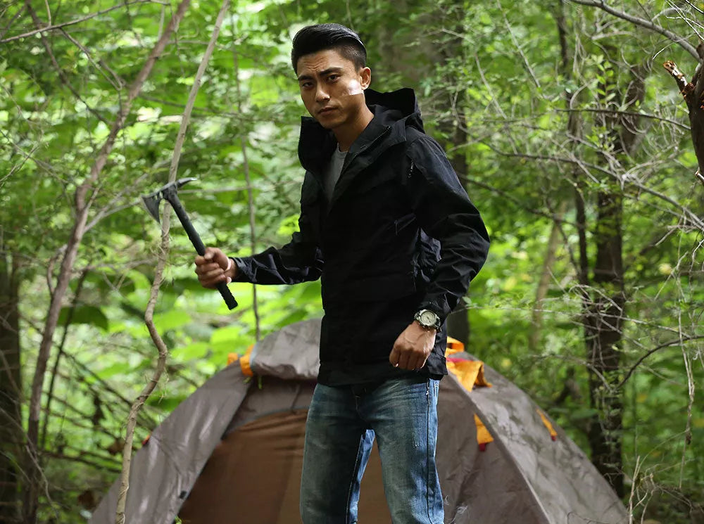 M65 Tactical Windbreaker in camouflage, black, or khaki with removable hood