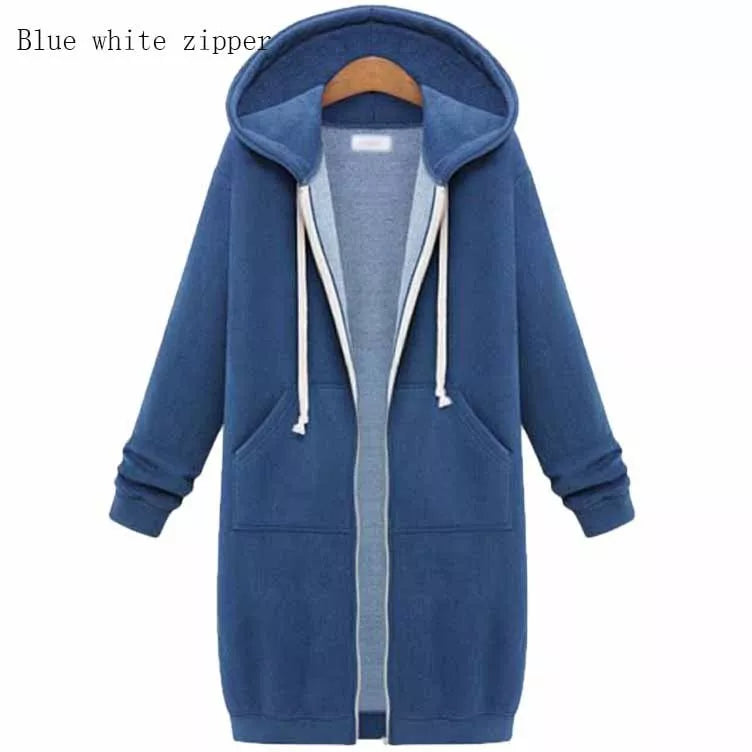 Hooded long sleeve sweater fleece jacket in navy blue with zipper closure