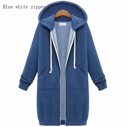 Hooded long sleeve sweater fleece jacket in navy blue with zipper closure