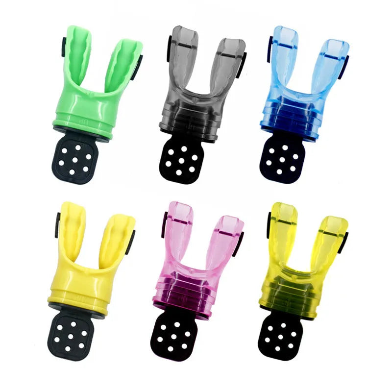 Plastic-free 110mm silicone diving mouthpiece in various solid and transparent colours.