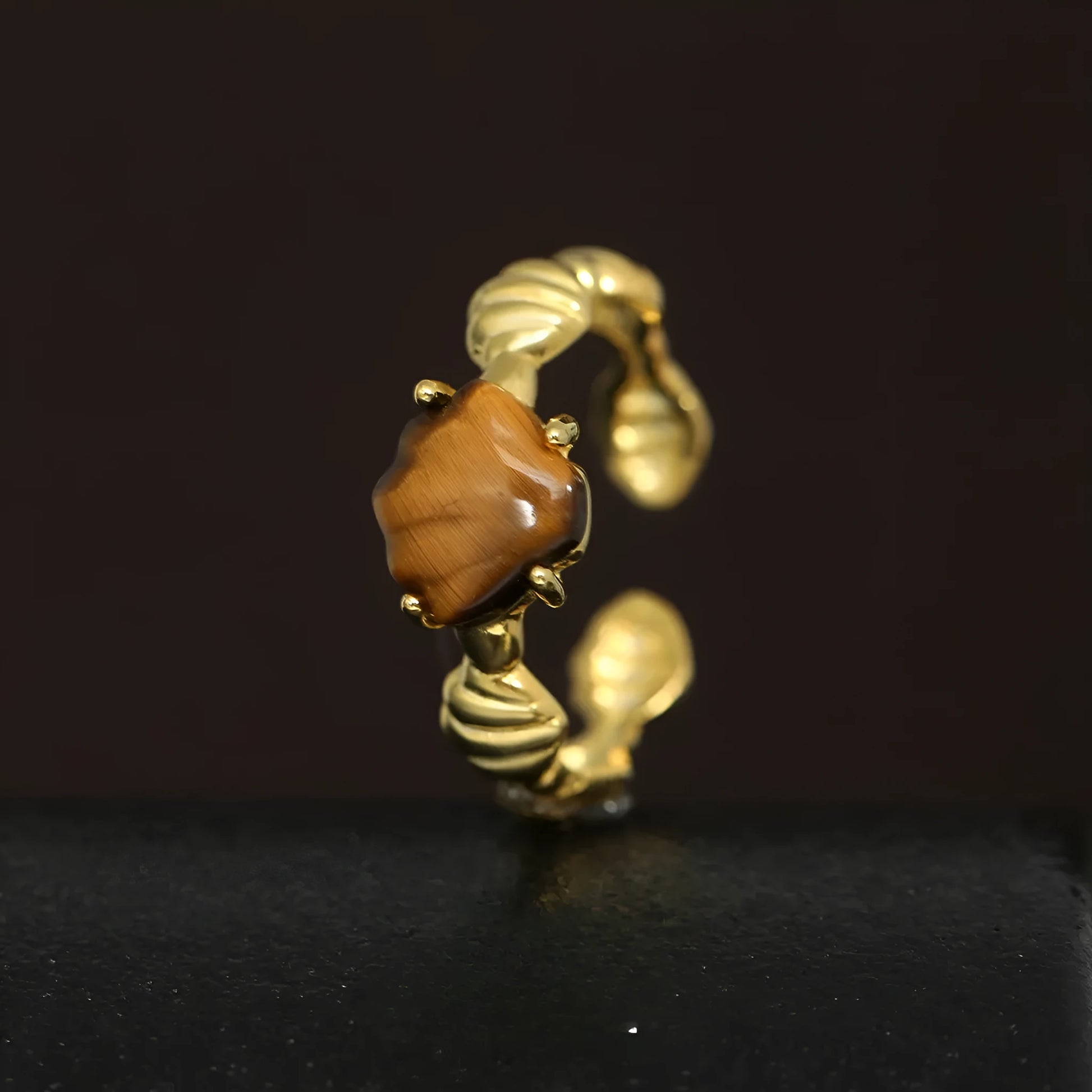 Adjustable silver women's ring with shell and tiger eye stone accents in electroplated 18K gold or white gold finish