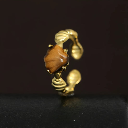 Adjustable silver women's ring with shell and tiger eye stone accents in electroplated 18K gold or white gold finish
