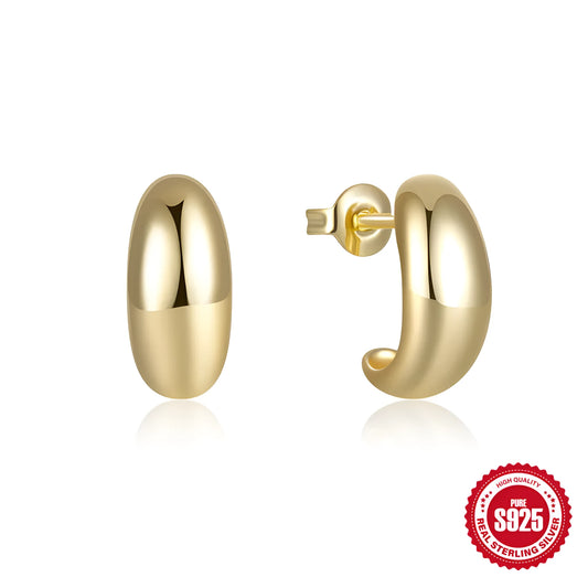C-shaped sterling silver earrings with glossy electroplated finish in gold or white gold options