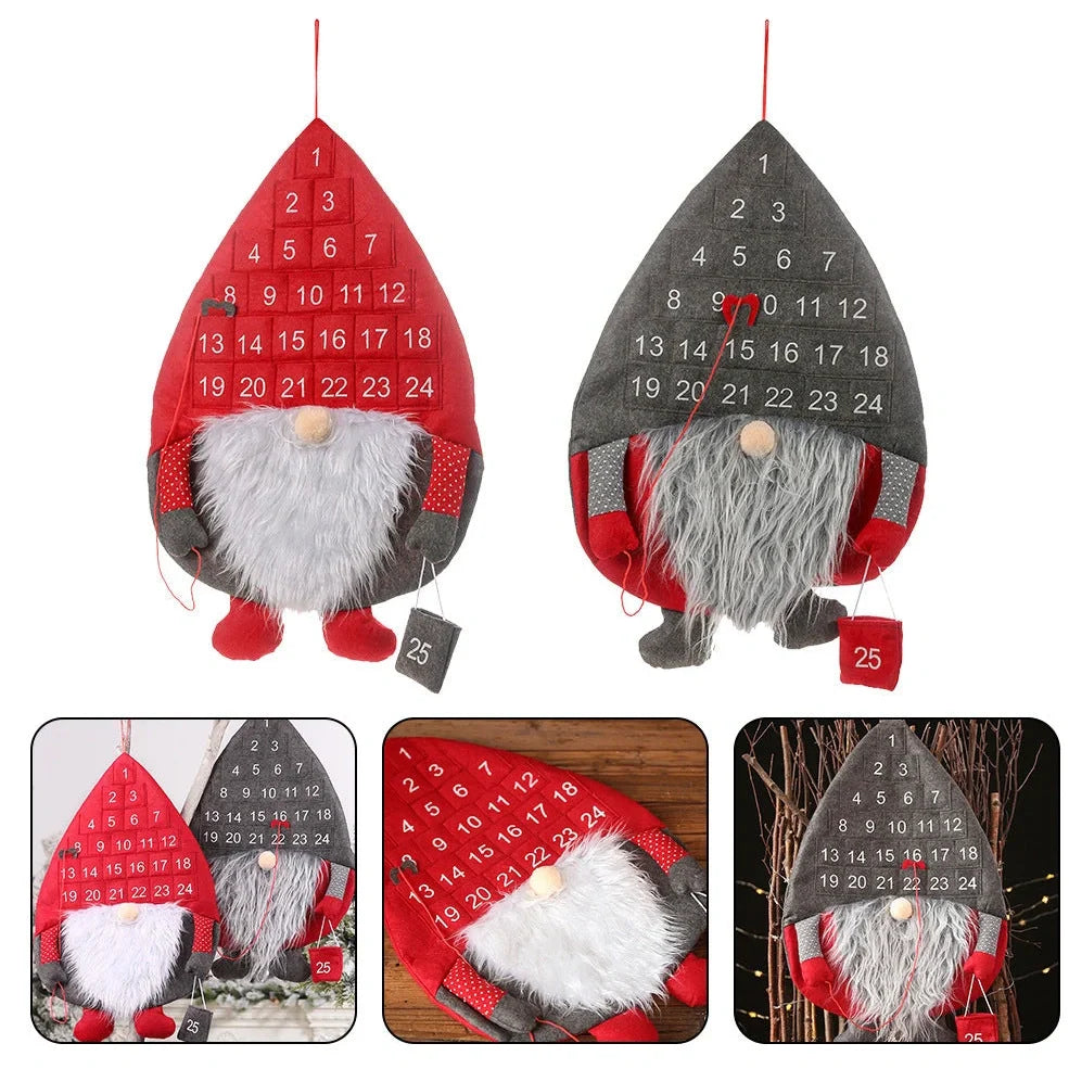 Red Santa Claus faceless advent calendar with 24 pockets hanging on wall