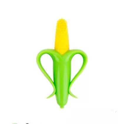 Food grade silicone banana teether toy for babies in yellow, pink, and blue