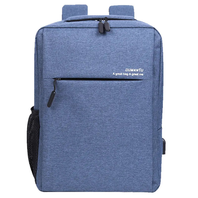 Rechargeable waterproof black Oxford cloth laptop backpack for a 15.6-inch computer.