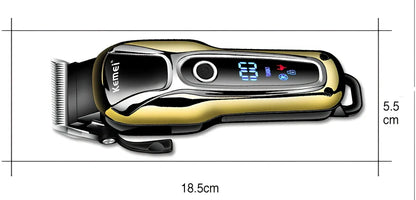 Professional hair clipper with four guide combs, cleaning brush, and power adapter on white background