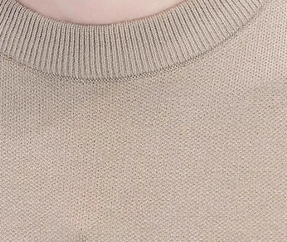 Men's slim-fit round neck pullover sweater in extra coarse wool with contrast colours, available in black, khaki, and apricot.