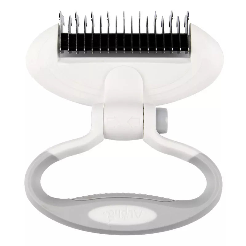 Dual-head dog comb for gentle knot removal in white, blue, and pink